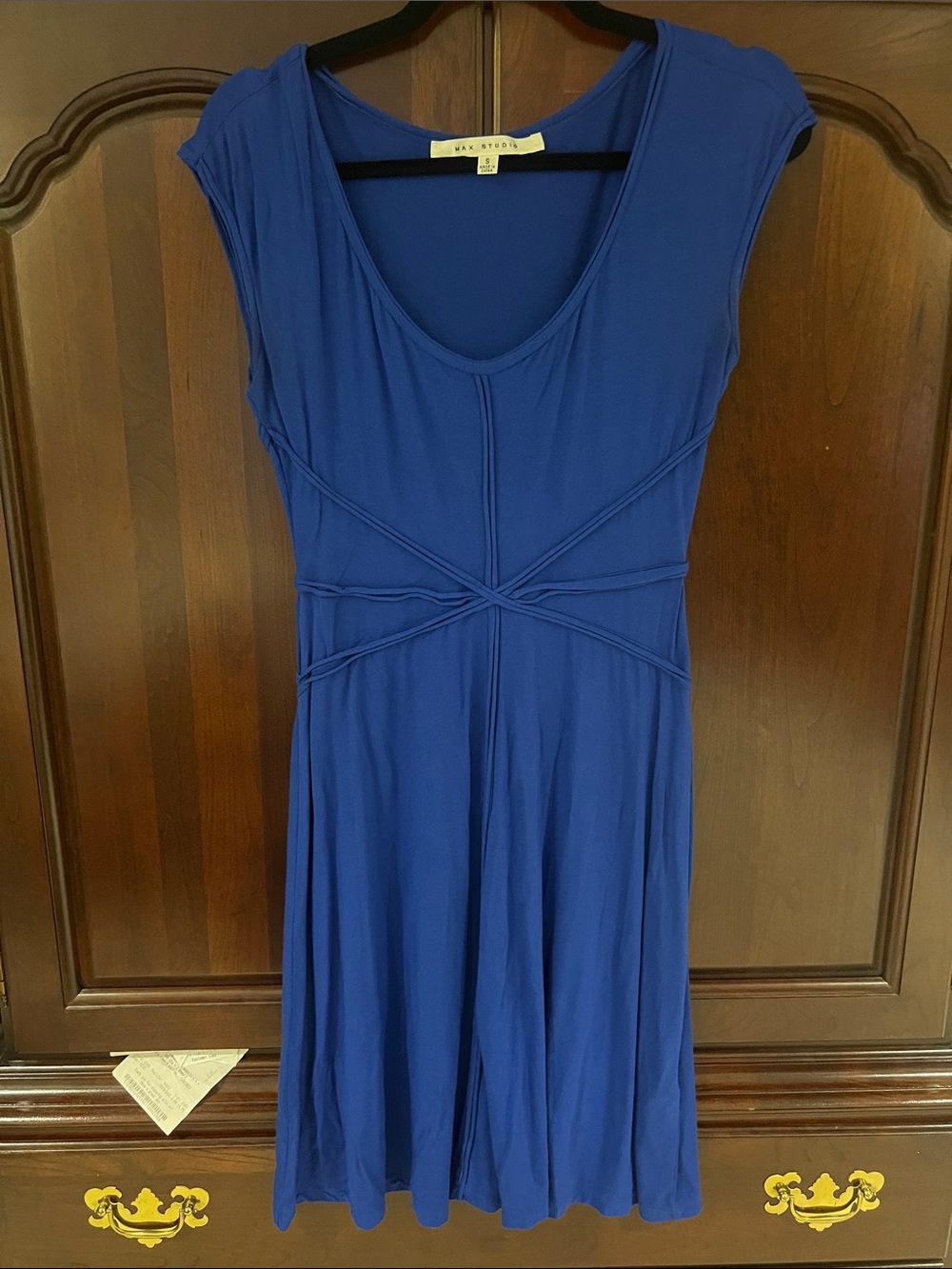Max Studio Blue Cap-Sleeve Knit Dress stretchy cross design